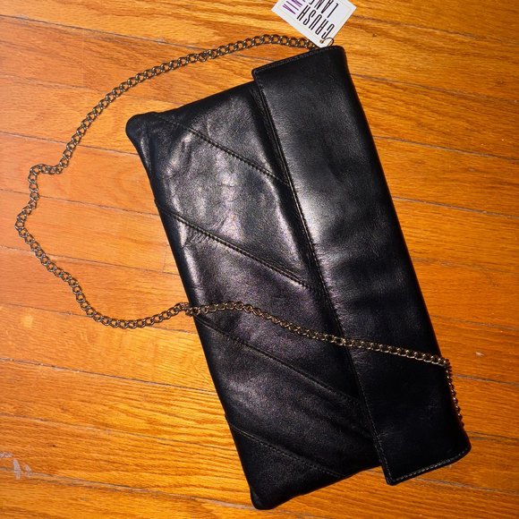Vintage Black Genuine Leather Clutch with Chain - Picture 1 of 10